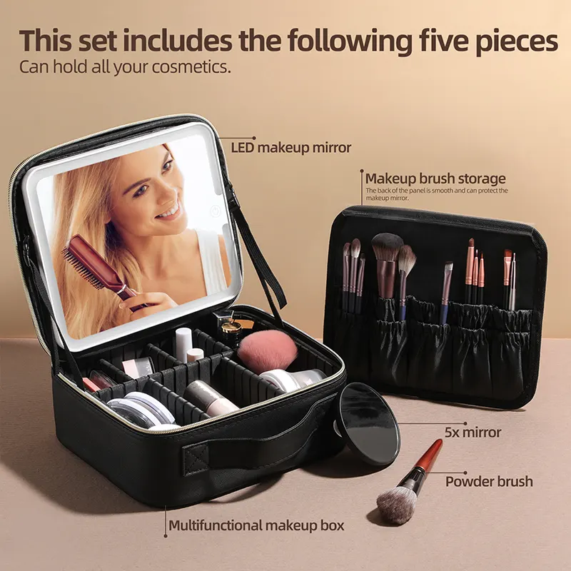 BS-MALL Black Makeup Brush Bag With LED Mirror Inner Parts