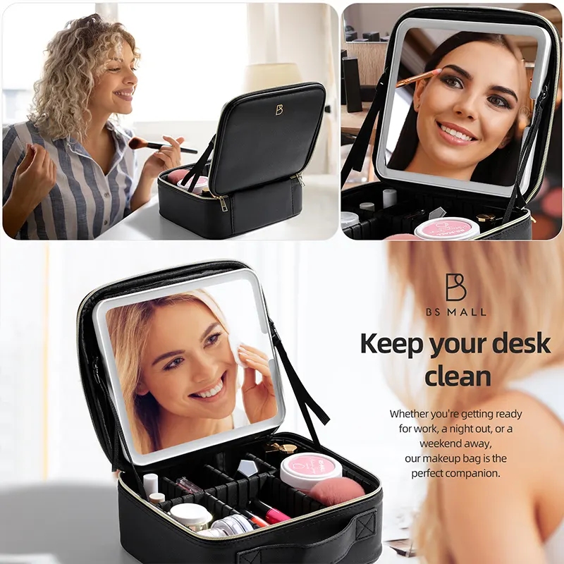 BS-MALL Black Makeup Brush Bag With LED Mirror Models